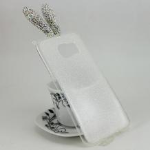 Луксозен силиконов калъф / гръб / TPU с камъни за Samsung Galaxy S6 Edge G925 - прозрачен / брокат / заешки ушички с бели камъни / мат