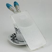 Луксозен силиконов калъф / гръб / TPU с камъни за Samsung Galaxy S6 Edge G925 - прозрачен / брокат / заешки ушички със сини камъни / мат