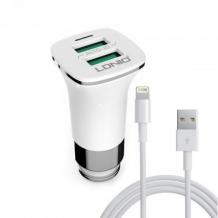 Оригинален USB кабел LDNIO C50 Car Charger 12V / 2 USB порта и Micro USB кабел 3.6A за Apple iPhone 5 / iPhone 5S / iPhone SE / iPhone 6 / iPhone 6 Plus - бяло