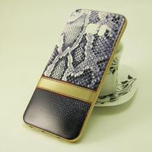 Силиконов калъф / гръб / TPU за Samsung Galaxy S6 Edge G925 - сив / змийска кожа / златист кант