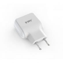 Универсално зарядно устройство / Fast Charge EMY MY-220 220V с 2 USB порта и iOS (iPhone) кабел / 2.4А - бяло