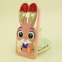 Луксозен твърд гръб 3D с камъни и силиконов кант за Samsung Galaxy J3 - Zootropolis / розов / червени ушички