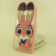 Луксозен твърд гръб 3D с камъни и силиконов кант за Samsung Galaxy A3 2017 A320 - Zootropolis / розов / лилави ушички