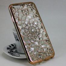 Луксозен силиконов калъф / гръб / TPU 3D с камъни за Apple iPhone 5 / iPhone 5S / iPhone SE - прозрачен / фигури / златист кант