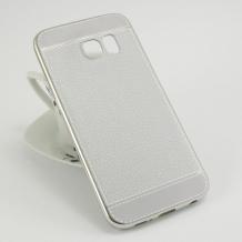Луксозен силиконов калъф / гръб / TPU за Samsung Galaxy S6 Edge G925 - сив / имитиращ кожа / сребрист кант