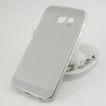 Луксозен силиконов калъф / гръб / TPU за Samsung Galaxy S6 Edge G925 - сив / имитиращ кожа / сребрист кант