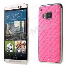 Твърд гръб с камъни за HTC One M9 - розов с метален кант