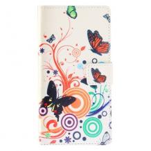 Кожен калъф Flip тефтер със стойка за Sony Xperia M4 / M4 Aqua - бял / цветя и пеперуди