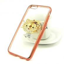 Луксозен силиконов калъф / гръб / TPU с камъни и стойка за Apple iPhone 5 / iPhone 5S / iPhone SE - прозрачен / Hello Kitty / Rose Gold кант