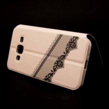 Кожен калъф Flip тефтер Flexi със стойка за Samsung Galaxy J3 / J3 2016 J320 - бял / розова панделка / Victoria`s Secret