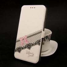 Кожен калъф Flip тефтер Flexi със стойка за LG G5 - бял / розова панделка / Victoria`s Secret 