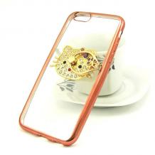 Луксозен силиконов калъф / гръб / TPU с камъни и стойка за Apple iPhone 6 / iPhone 6S - прозрачен / Hello Kitty / Rose Gold кант