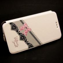 Кожен калъф Flip тефтер Flexi със стойка за Apple iPhone 5 / iPhone 5S / iPhone SE - бял / розова панделка / Victoria`s Secret