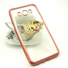 Луксозен силиконов калъф / гръб / TPU с камъни и стойка за Samsung Galaxy J5 J500 - прозрачен / Hello Kitty / Rose Gold кант