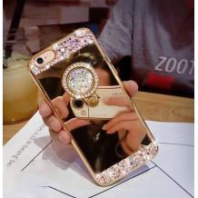 Луксозен силиконов калъф / гръб / TPU с камъни и стойка за Apple iPhone 6 / iPhone 6S - огледален / златист