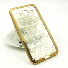 Луксозен силиконов калъф / гръб / TPU 3D с камъни за Samsung Galaxy J5 J500 - прозрачен / ромбове / златист кант