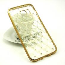 Луксозен силиконов калъф / гръб / TPU 3D с камъни за Samsung Galaxy S6 G920 - прозрачен / ромбове / златист кант