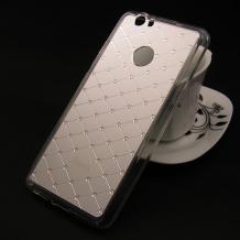 Луксозен твърд гръб със силиконов кант и камъни Anyland за Huawei Nova - сребрист / ромбове