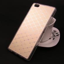Луксозен твърд гръб със силиконов кант и камъни Anyland за Huawei Ascend P8 Lite / Huawei P8 Lite - златист / ромбове