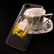 Луксозен силиконов калъф / гръб / TPU 3D за Apple iPhone 7 Plus - прозрачен / парфюм / златисти сърца