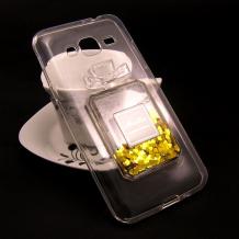 Луксозен силиконов калъф / гръб / TPU 3D за Samsung Galaxy J5 J500 - прозрачен / парфюм / златисти сърца