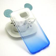 Луксозен силиконов калъф / гръб / TPU 3D за Samsung Galaxy S6 G920 - прозрачен със синьо / преливащ / миши ушички