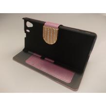Луксозен кожен калъф Flip тефтер със стойка за Sony Xperia Z1 L39h - розов / Айфелова кула с камъни