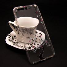 Луксозен силиконов калъф / гръб / TPU с камъни за Huawei P10 - прозрачен / дърво