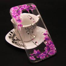 Луксозен силиконов калъф / гръб / TPU с камъни за Samsung Galaxy S7 Edge G935 - прозрачен / лилави цветя
