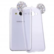 Луксозен силиконов калъф / гръб / TPU с камъни за Samsung Galaxy J5 J500 - прозрачен / бели миши ушички