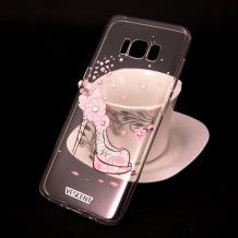 Луксозен силиконов калъф / гръб / TPU VESCENT с камъни за Samsung Galaxy S8 G950 - прозрачен / розова обувка
