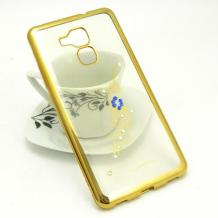 Луксозен силиконов калъф / гръб / TPU с камъни за Huawei Honor 5C / Honor 7 Lite - прозрачен със златист кант / перо