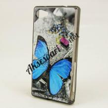 Силиконов калъф / гръб / TPU за Sony Xperia M5 - сив / синя пеперуда