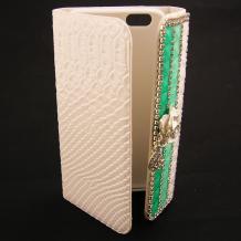Луксозен кожен калъф тип портмоне с камъни за Apple iPhone 6 4.7'' - бял със зелено