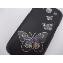 Заден предпазен твърд гръб / капак / с камъни за Samsung Galaxy S3 I9300 / Samsung S III I9300 - черен с пеперуди