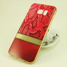 Силиконов калъф / гръб / TPU за Samsung Galaxy S7 Edge G935 - червен / змийска кожа / златист кант