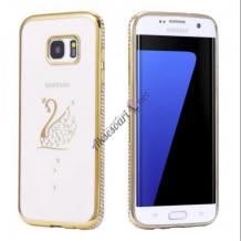 Луксозен силиконов калъф / гръб / TPU с камъни за Samsung Galaxy S6 G920 - прозрачен със златист кант / лебед