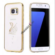 Луксозен силиконов калъф / гръб / TPU с камъни за Samsung Galaxy S6 Edge Plus / S6 Edge+ G928 - прозрачен със златист кант / лебед