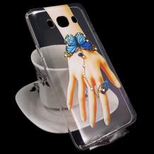 Луксозен силиконов калъф / гръб / TPU с камъни за Samsung Galaxy J5 2016 J510 - прозрачен / сини пеперуди