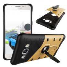 Силиконов гръб TPU Hybrid с твърда част и 360° въртяща стойка за Samsung Galaxy J5 2016 J510 - черно и златисто