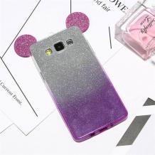 Луксозен силиконов калъф / гръб / TPU 3D за Samsung Galaxy J5 2016 J510 - преливащ / лилаво и сиво / брокат / миши ушички / 2в1