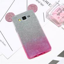 Луксозен силиконов калъф / гръб / TPU 3D за Samsung Galaxy J5 2016 J510 - преливащ / розово и сиво / брокат / миши ушички / 2в1
