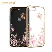 Луксозен твърд гръб KAVARO с камъни Swarovski за Apple iPhone 7 / iPhone 8 - прозрачен / розови цветя и пеперуда / златист кант