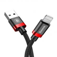 Оригинален USB кабел BASEUS Golden Belt 2A за зареждане и пренос на данни 2в1 1m за Apple iPhone 7 / iPhone 8 / iPhone X - черен с червено