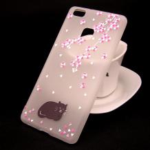 Луксозен силиконов калъф / гръб / TPU с камъни за Huawei P10 Lite - прозрачен / розови цветя / коте