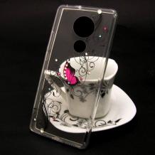 Луксозен силиконов калъф / гръб / TPU за Motorola Moto E5 - прозрачен / розова пеперуда