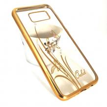 Луксозен силиконов калъф / гръб / TPU / Elegant с камъни за Samsung Galaxy S8 G950 - прозрачен със златист кант / цвете / пеперуда