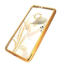 Луксозен силиконов калъф / гръб / TPU / Elegant с камъни за Huawei P10 Lite - прозрачен със златист кант / цвете / пеперуда