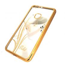 Луксозен силиконов калъф / гръб / TPU / Elegant с камъни за Huawei P10 Lite - прозрачен със златист кант / цвете / пеперуда