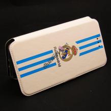 Кожен калъф Flip тефтер Flexi със стойка за Samsung Galaxy J5 2016 J510 - Real Madrid / Adidas / бял със сини кантове